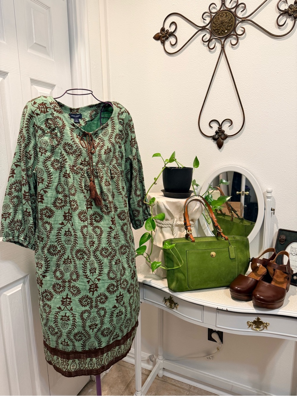 Mint Green Printed Midi Dress with Brown Tassel Detail